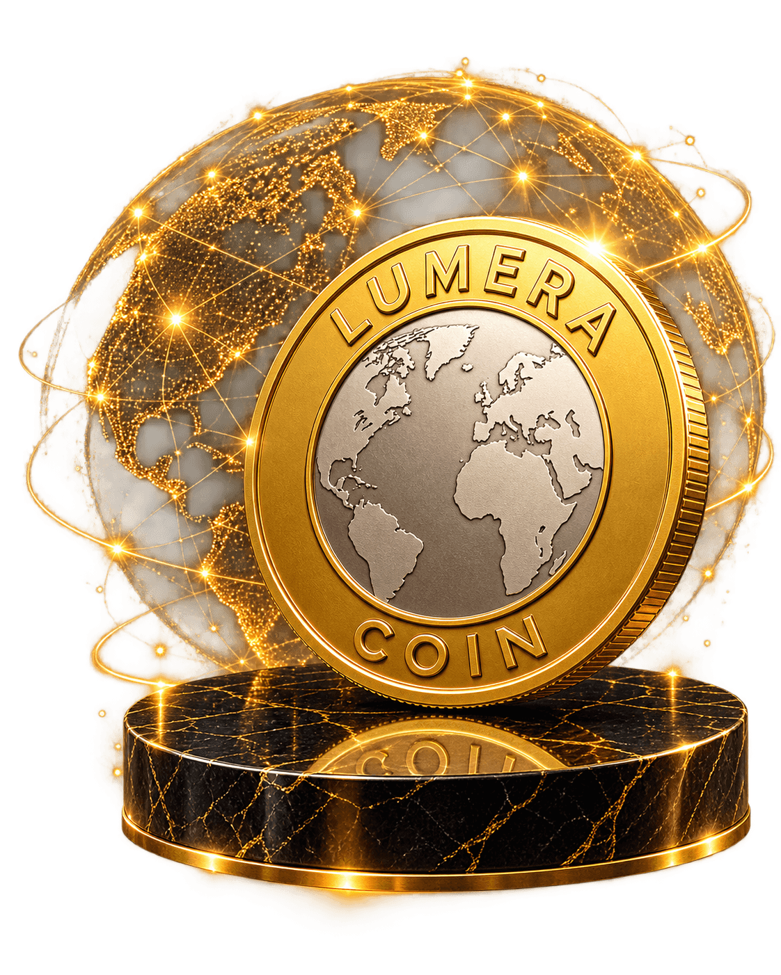 Lumera Coin — a gold coin on a glowing digital globe